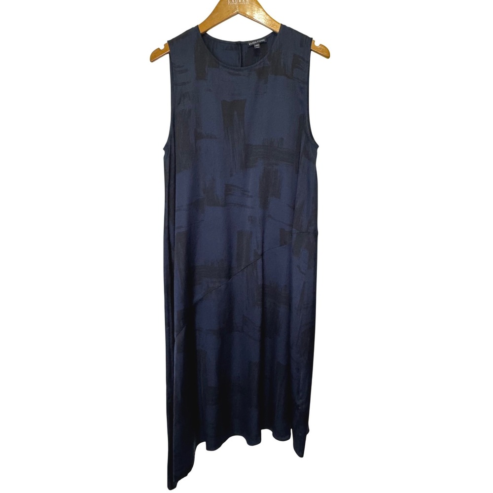 Eileen Fisher Brushstroke Silk/Organic Cotton Sleeveless Dress Medium Black/Blue
